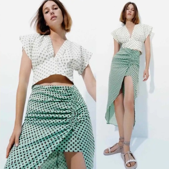 NWT Zara midi skirt Polka Dot Green Brown Linen Blend - Picture 1 of 6